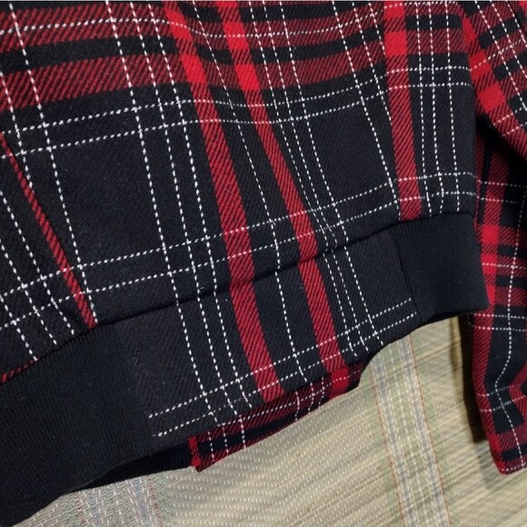 Express Bomber Jacket Red Black Plaid Tartan 2008 Button-Down Stretch SMALL - Picture 9 of 12